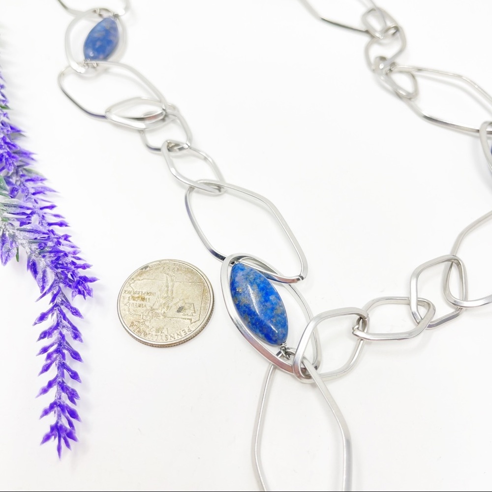 Simona Collini Italy Lapis Lazuli Stainless Steel Chain Link Long Necklace - Picture 2 of 4